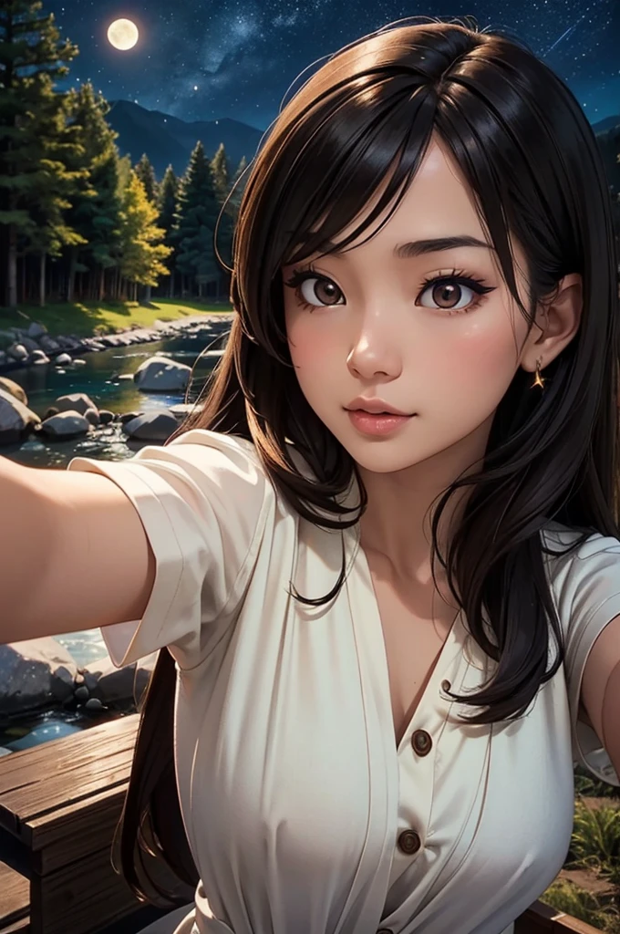 A beautiful young Asian woman and a hummingbird kiss her cheek. ((upper body selfie, be happy)), Masterpiece, best quality, very detailed, floor, outdoor, (nighttime), mountain, nature, (star, moon) cheerful, be happy, forest, rock, river, wood, smoke, shadow, contrast, clear sky, style, (Warm colors, Warm colors): 1.2), close up, Cinema-grade lighting, Side lighting, Ultra high resolution, shadowที่ดีที่สุด, raw, upper body, realistic style