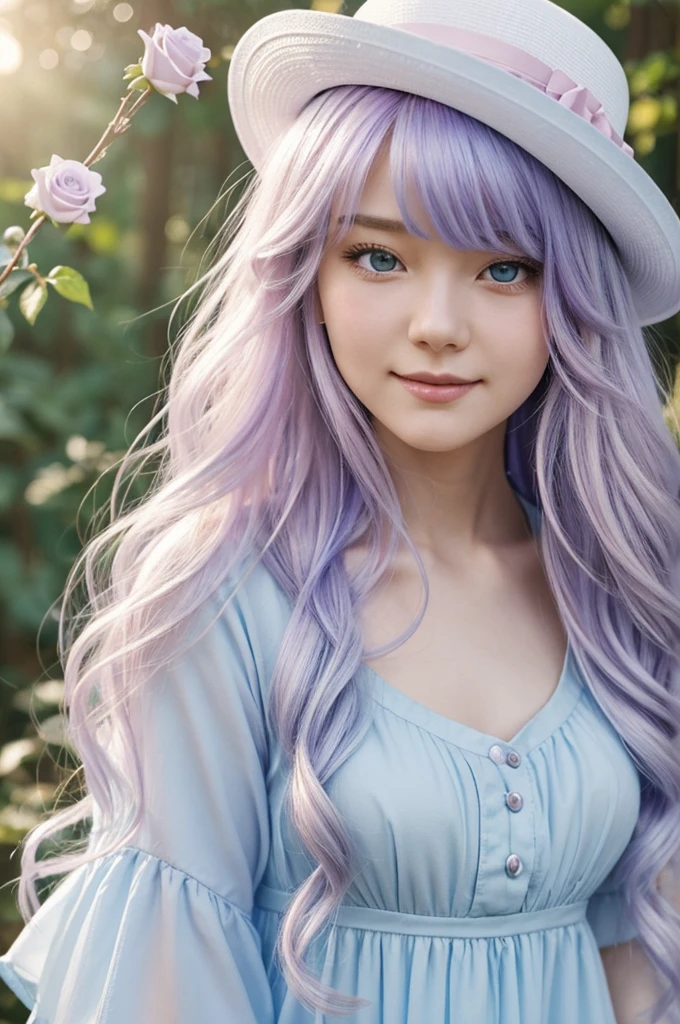 manhwa screenshot,a beautiful girl with silver hair that fades to pink, violet and light blue at the tips,with hair down and long to her ankles,It is straight but wavy at the ends,Snow white skin,sharp but innocent eyes at the same time, one eye red like ruby and the other blue like aquamarine, dressed in a dress cut to the knees,white and half violet,with a white rose hat with a light blue ribbon and a blue rose ,in a beautiful forest with colorful butterflies and beautiful flowers,he is looking towards the camera smiling