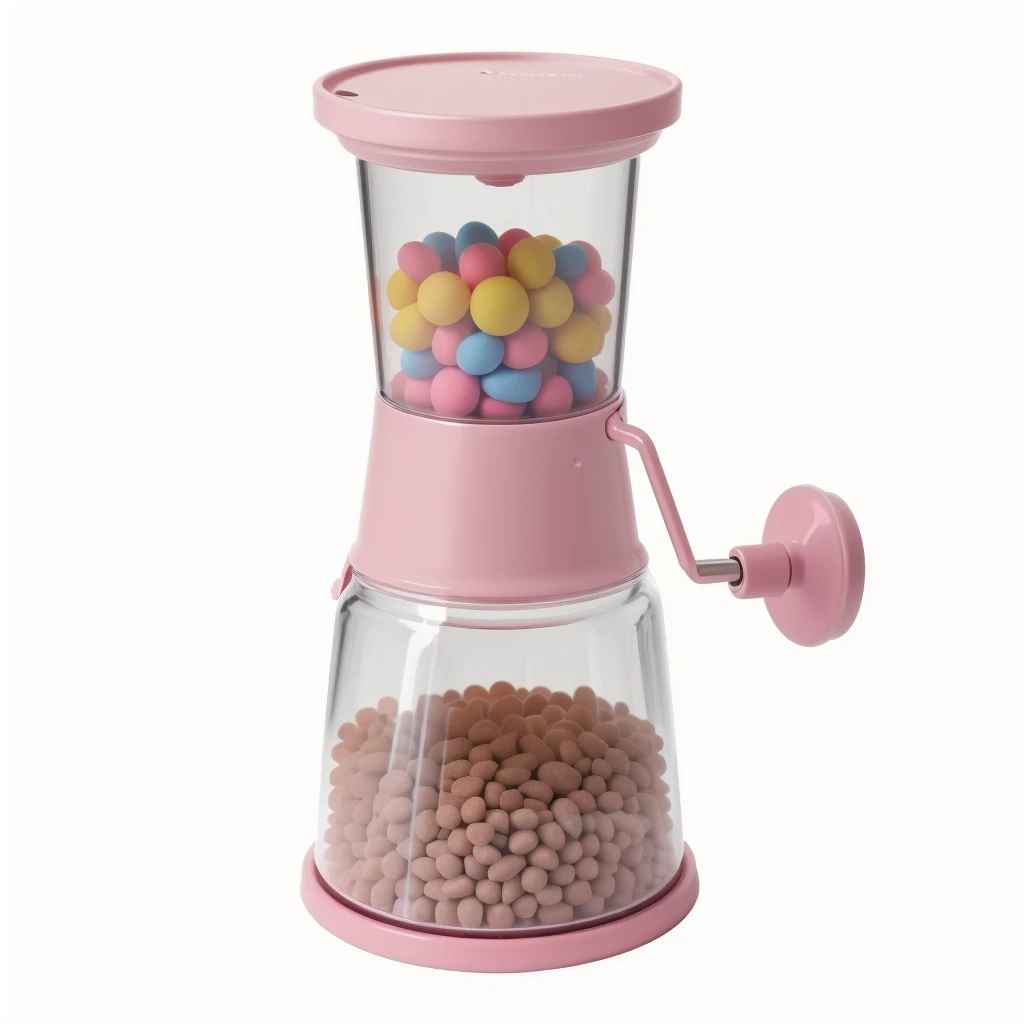 on the white background, pink toy grinder, large cnadies dragee in the top, tiny sprinkles in the bottom, realistic texture, realistic style, detailed texture, high quality, high resolution, high quality rendering, realistic photo, brightning light, macro photo, ultra hd 4k