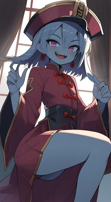 Best quality, Super detailed illustration, Warm colors, perfect lighting, (boy:1.6), (the blue skin:2,6), vampire fangs, short tousled thick hair ,Jiangshi clothing, long sleeves, long skirt with leg cutout on the sides, open legs, Tight-fitting clothing, Guanli hat ,smug smile, Happy , a femboy, small waist, wide hips, slim, Perfect body, full length, tricky glance, Scarlet eyes,black and lilac color of clothes