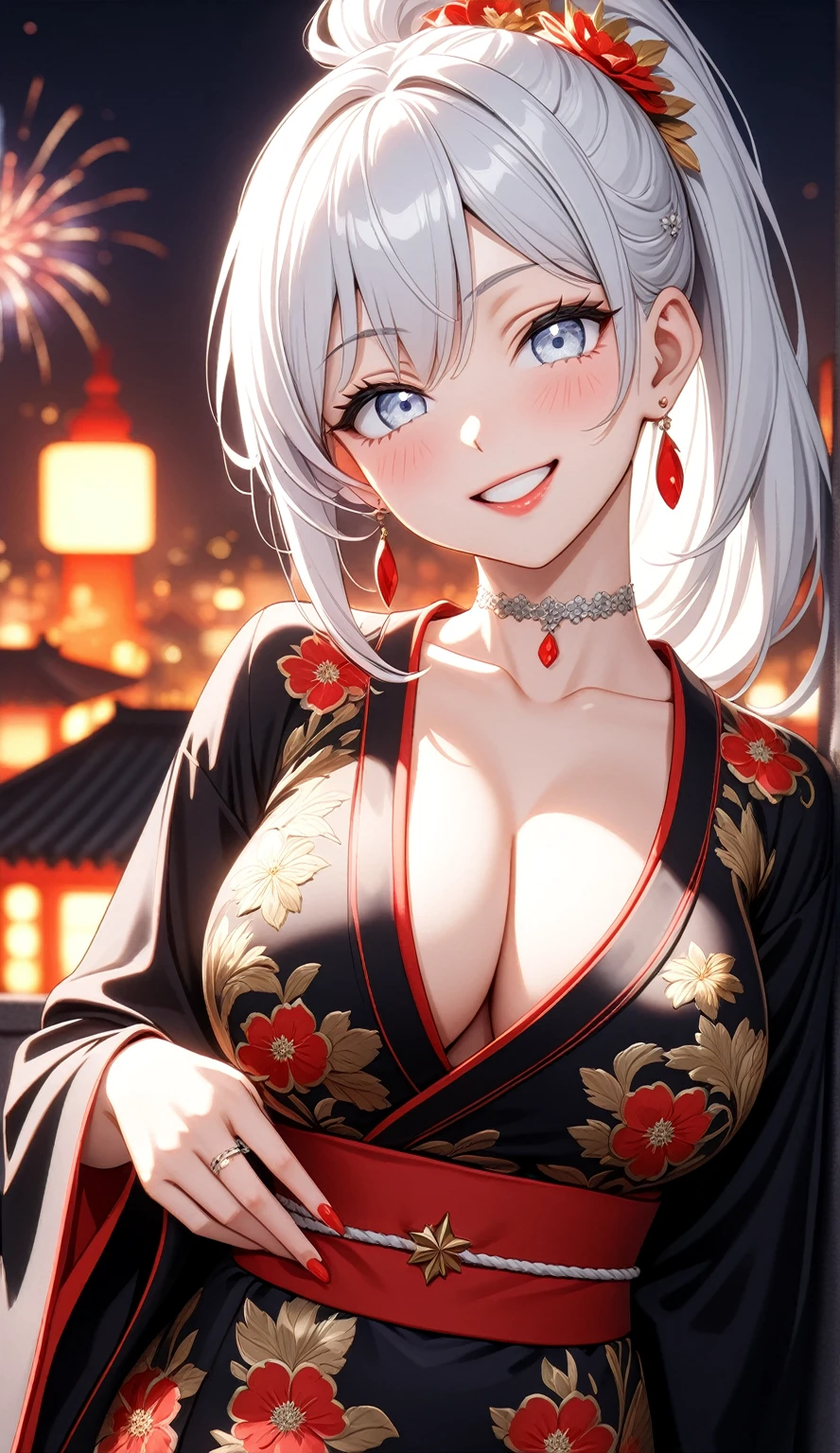 ((One personの女性)), Beautiful Face, (Laughing embarrassedly), (laugh:1.2),((Wink:1.9)), (head tilt:1.3), Laugh with your mouth wide open, upper teeth, ((Bright red cheeks:1.4)),Glossy Red Lips,rooftop, firework, Glossy red lips, Shining Face, ((Anime style background)),masterpiece, Highest quality, so beautiful,up to date, Complex details, (Pink long nails),(ring),(bracelet),(Floral choker),AI-generated, Complex,High resolution, Highest quality, super high quality,3D Images、3D Images,One person,Long white hair,High Ponytail, Anime woman posing for a photo,(blue eyes), ((Fine grain、Silvery white colorful eyes、Shining Eyes:1.4)), (Squint your eyes:1.1),a hyperRealistic , hyperRealistic , Realistic,Anime woman with long white hair, Smooth anime CG art, A woman in a colorful kimono with gold embroidery, (Black long sleeve kimono),Red floral pattern,Long flower hair ornament,Earrings,Mature Body,(Big Breasts:1.1),Tall,Abdominal muscles,Tight waist,(Zoom up to face:1.5), (front view),