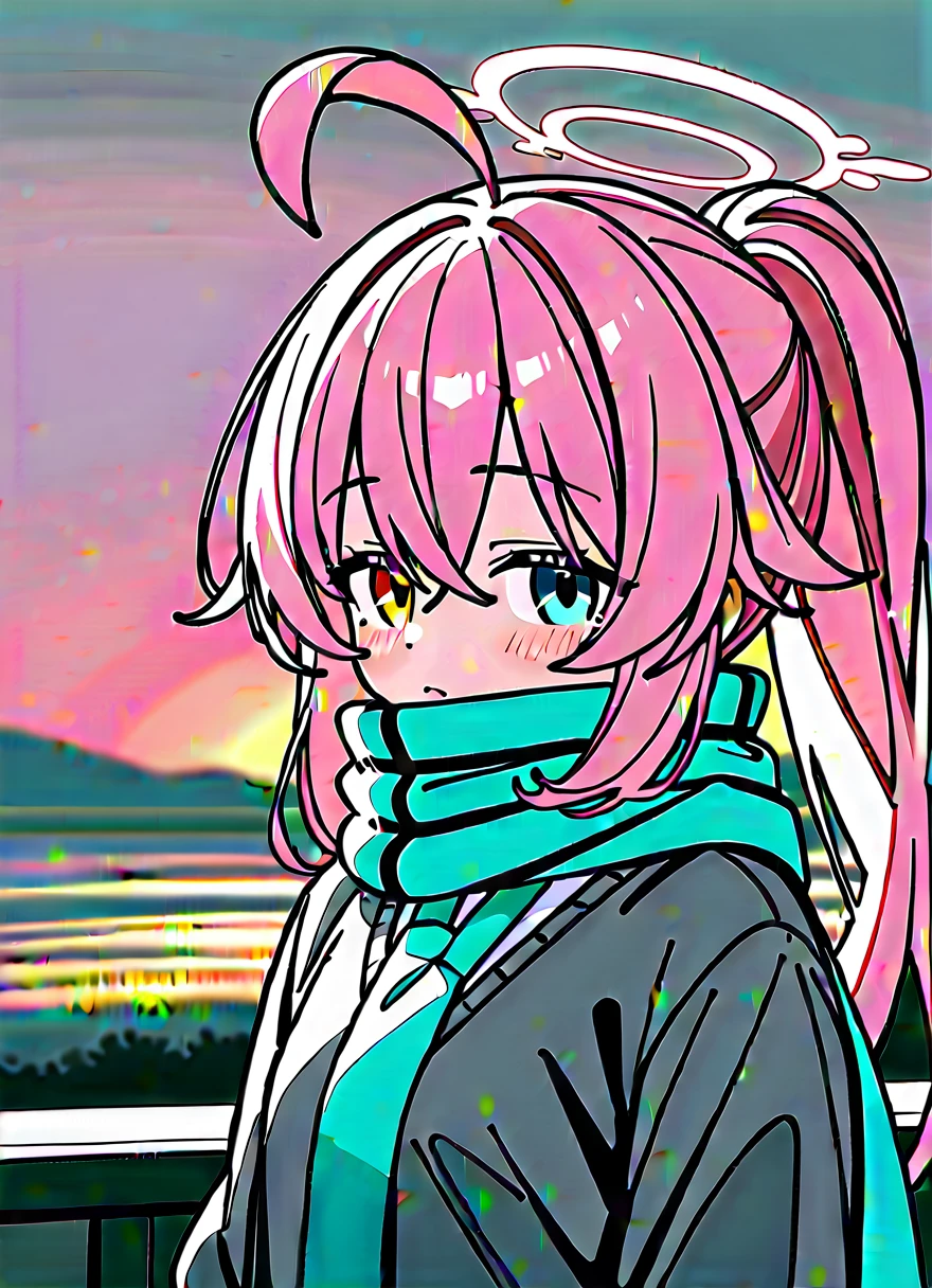 (score_9,score_8_up,score_7_up,),medium hair,heterochromia,ponytail,ahoge,halo,grey sweater,pink hair,(hoshino-ponytail:0.8),(hoshino \(blue archive\):0.8),(blue scarf:1.1),(white shirt,blue necktie:0.9),shoes,beautiful eyes,upper_body,portrait,sunset,outdoors,