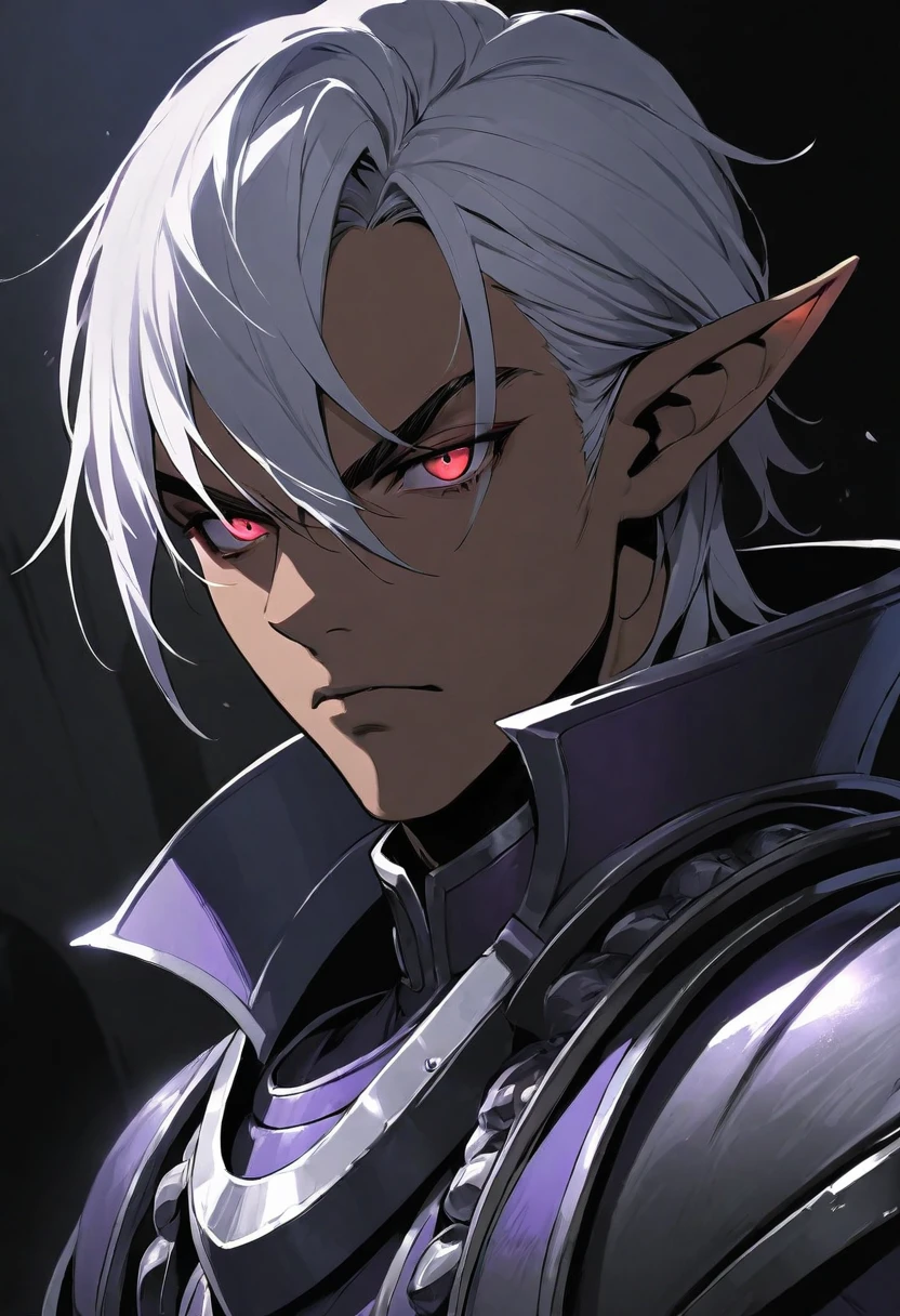  masterpiece, best quality, ultra high res, dark theme, 1boy, (dungeonpunk armor), (wearing armor), fantasy illustration, dark skinned, human, upper body, portrait, red eyes, long white hair, half-drow, pointy ears, serious face, young man, dramatic lighting, purple hue, art by Kinema Citrus
