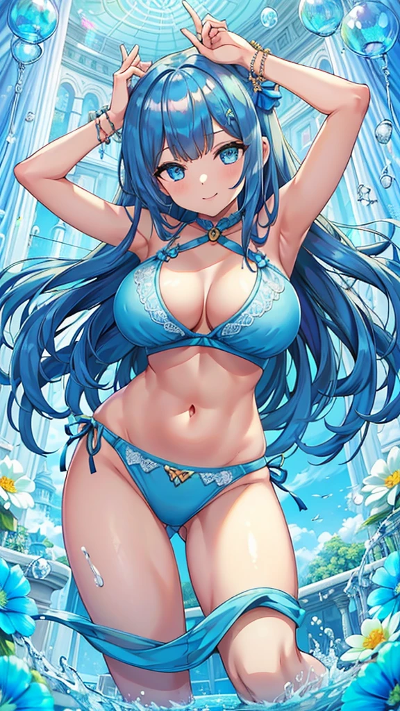 Masterpiece、Highest quality、Super detailed、1 girl、(Big Tits)、Fluffy and soft long hair、Blue Eyes、Cleavage、((Underboobを見せる))、smile、Too big soft breasts、Blue Hair、Underboob、Underboob、Underboob、Micro Bikini