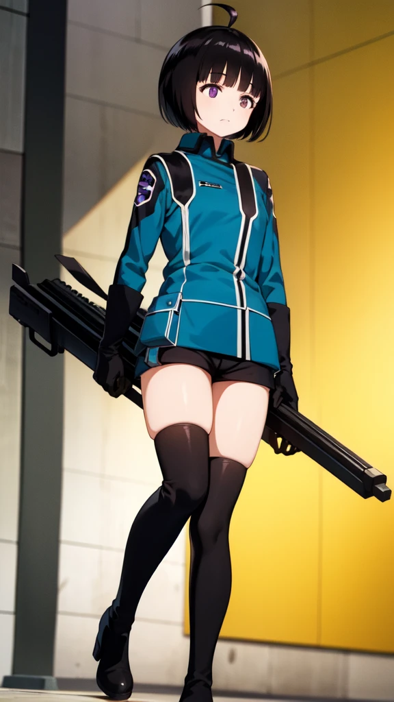 One Girl, alone, amateur_chika, short hair, Black Hair, Blunt bangs, Bobcut, Ahoge, Purple eyes, Long sleeve, Blue jacket, uniform, Black Shirt, turtleneck, Symbolism, Short black shorts, Black boots, carry a long rifle, Cowboy Shot、Thighs、Black thigh-high boots、（（（Black high heels）））whole body, face, high quality, masterpiece, 超High resolution, high quality, Attention to detail, 最high quality, High resolution