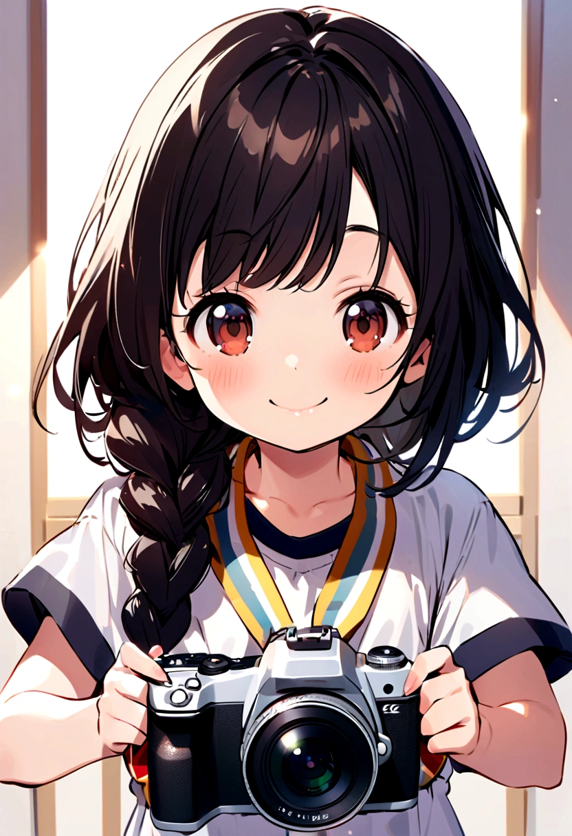 A cute  ,With braided black hair and bangs, wearing a primary  with a first place medal around her neck smiling happily as she took a picture in the camera 