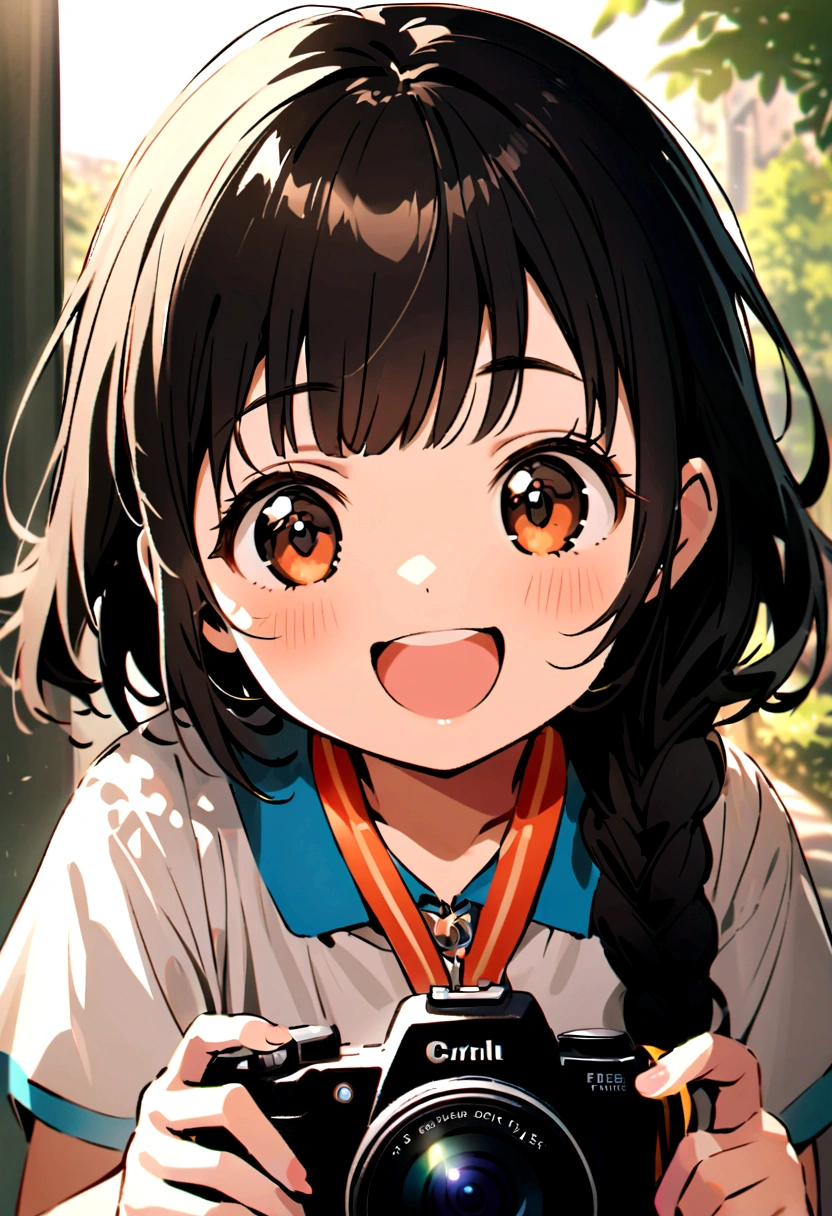 A cute ,With braided black hair and bangs, wearing a primary with a first place medal around her neck smiling happily as she took a picture in the camera