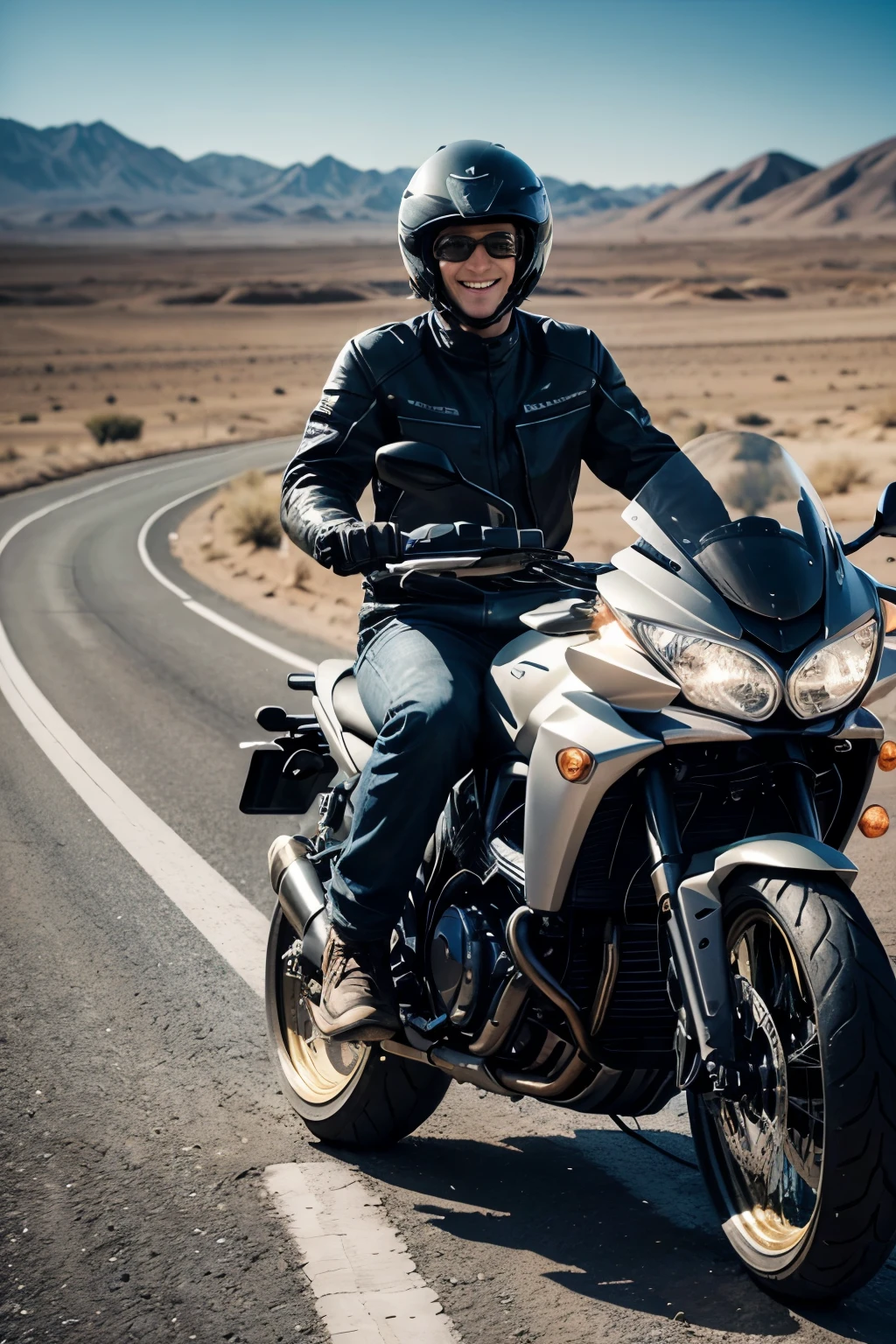 Motorcyclist with helmet under the arm to a bigtrail motorcycle in the Atacama desert, grey hair, short hair, light smile, smiley, Surrealism, high detail, cinematic lighting, viewfinder, UHD, 4K, 1080P, 4K