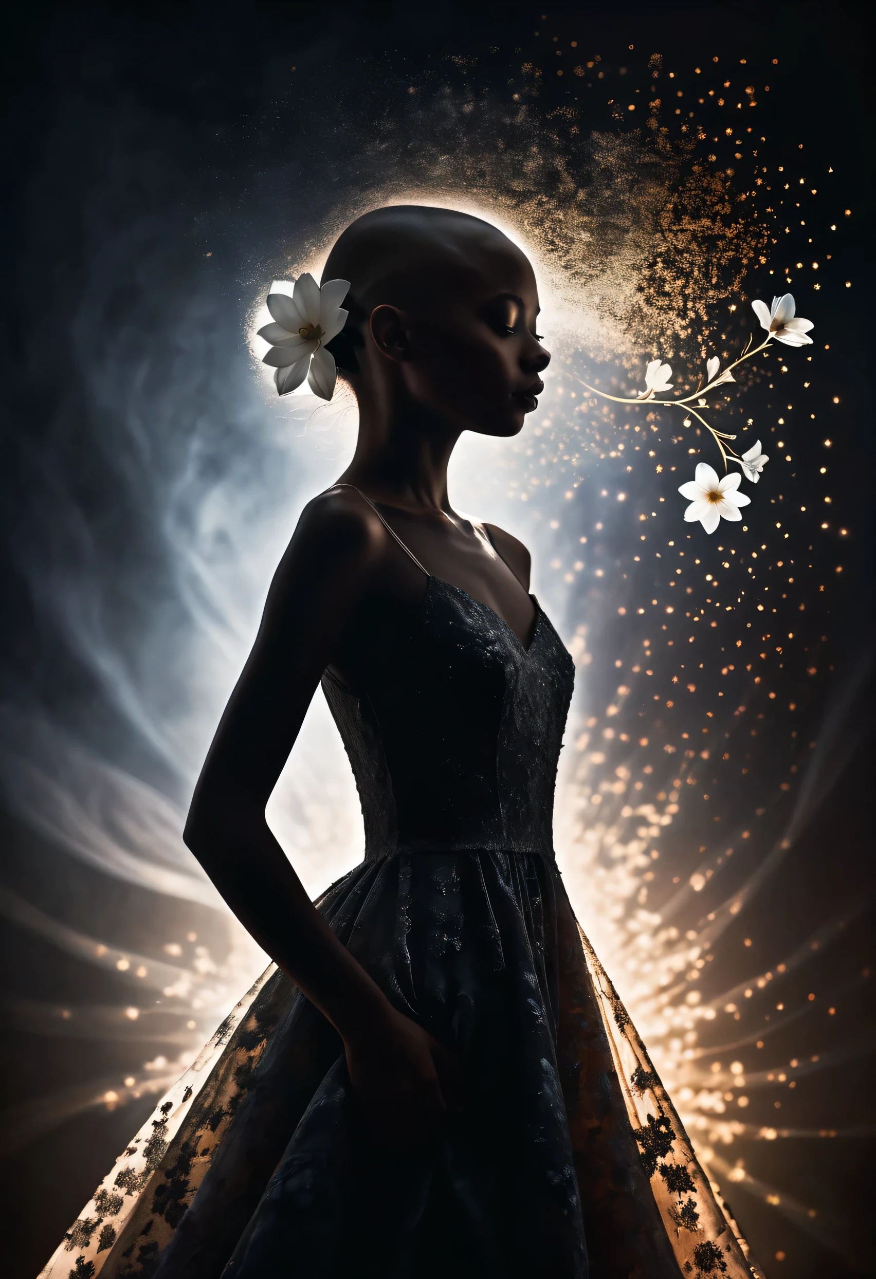 Create a detailed image of a book cover with a silhouette of a bald black in shadow, partially visible, with a dress flowing softly around her. Behind the silhouette, represent a bright white flower emitting powerful magic. The background must be completely dark, highlighting the silhouette and magic of the flower. Magic should be visualized as small, glowing, ethereal particles, radiating energy and mystery.