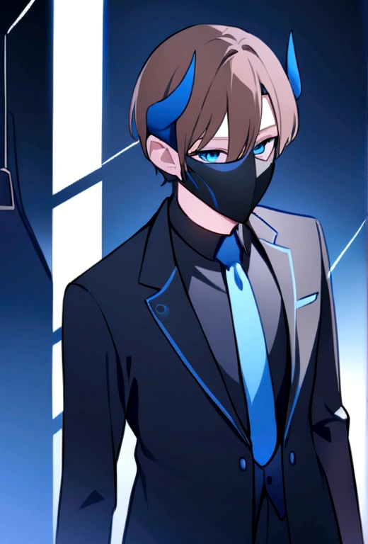 (man in half smile mask on the left side )(blue color)(blue eyes) brown hair)(blue horns)(Dressed in black)(Short haired)(alone)