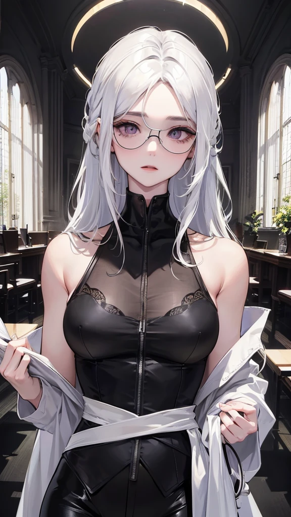 Photograph of the upper body of a beautiful woman, , [see through] ,(black pants:1.47),(Wear a medical gown:1.47) (big breasts), (small waist, perfect body), Sharp focus, (tall body, mature woman), ((Looking ahead)), (Highly detailed skin, hair follicles:1.4,white skin) (Long white hair tied half-way down.,purple eyes) wear glasses, (Looks embarrassed.) ,doctor