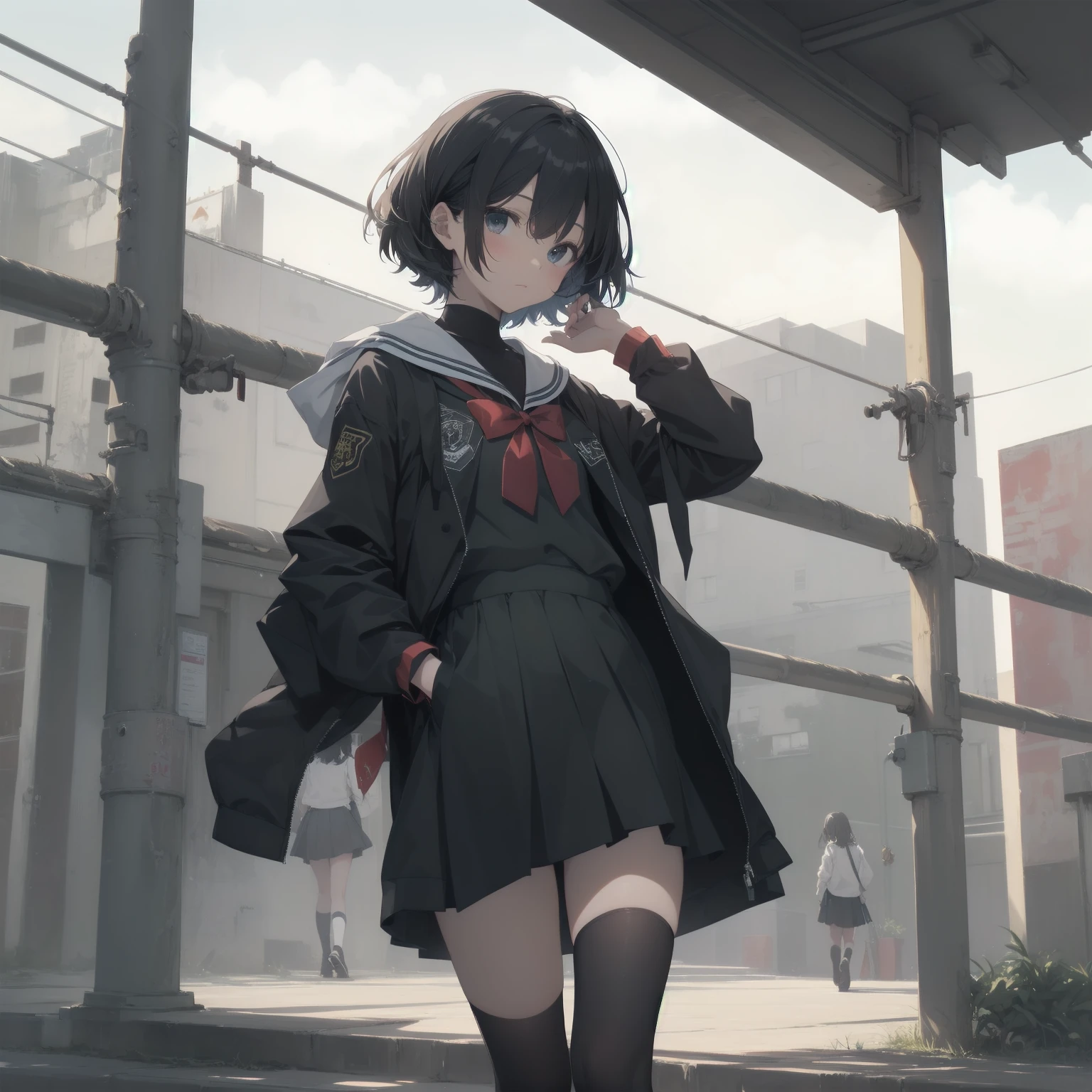 ultra-absurdres-Top quality by artist God, ultra-detailed, high resolution, anime moe artstyle, best anime 8k konachan wallpaper, pixiv contest winner, pool:2810, perfect anatomy,break, 1girl, (Please draw a girl walking sleepily to school alone. )break,(Solo,little female, 13-year-old:1.3),Full limbs, complete fingers,a junior high school student, (very short hair), short cut, flat chest, , small butt, small black eyes, beautiful detailed eyes, well-proportioned iris and pupils, expressive eyes, highres detailed hair, soft expression, salor school_uniform, sailor collar, serahuku, bow, pleated skirt,(Detailed Lighting), (Detailed background), in the School commute route. break,super detailed skin, Best cinematic lighting powered by famous artist, 8k,beauty illustration,photoshop_(medium),very aesthetic,break,((artist:sumiyao_(amam) )), artist:clamp ,artist:carnelian ,artist:kantoku ,