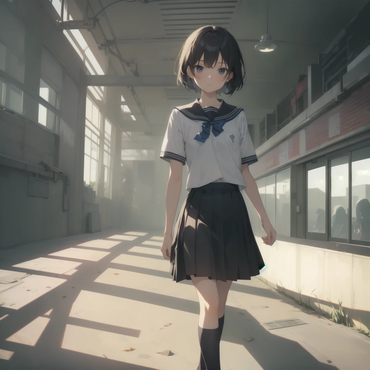 ultra-absurdres-Top quality by artist God, ultra-detailed, high resolution, anime moe artstyle, best anime 8k konachan wallpaper, pixiv contest winner, pool:2810, perfect anatomy,break, 1girl, (Please draw a girl walking sleepily to school alone. )break,(Solo,little female, 13-year-old:1.3),Full limbs, complete fingers,a junior high school student, (very short hair), short cut, flat chest, , small butt, small black eyes, beautiful detailed eyes, well-proportioned iris and pupils, expressive eyes, highres detailed hair, soft expression, salor school_uniform, sailor collar, serahuku, bow, pleated skirt,(Detailed Lighting), (Detailed background), in the School commute route. break,super detailed skin, Best cinematic lighting powered by famous artist, 8k,beauty illustration,photoshop_(medium),very aesthetic,break,((artist:sumiyao_(amam) )), artist:clamp ,artist:carnelian ,artist:kantoku ,