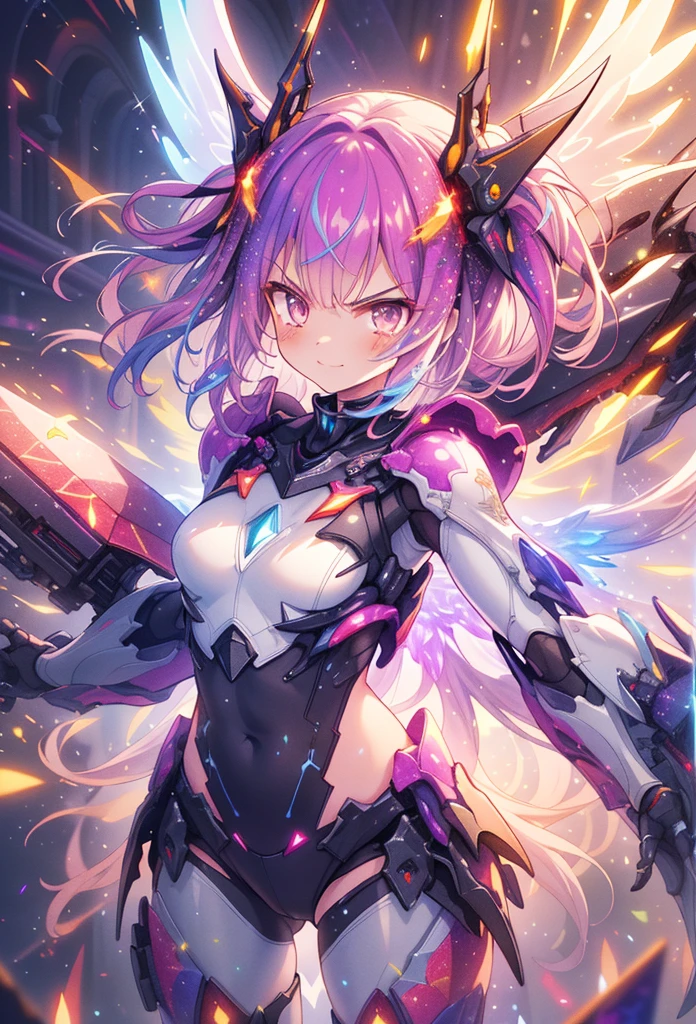 (masterpiece:1.2), best quality, high resolution, extremely detailed CG, absurdres, highres, 1girl, mecha girl, colorful light particles arounded, glitter, glowing wings, (((vivid color))), angry, smile, Colorful portraits, mirrornun