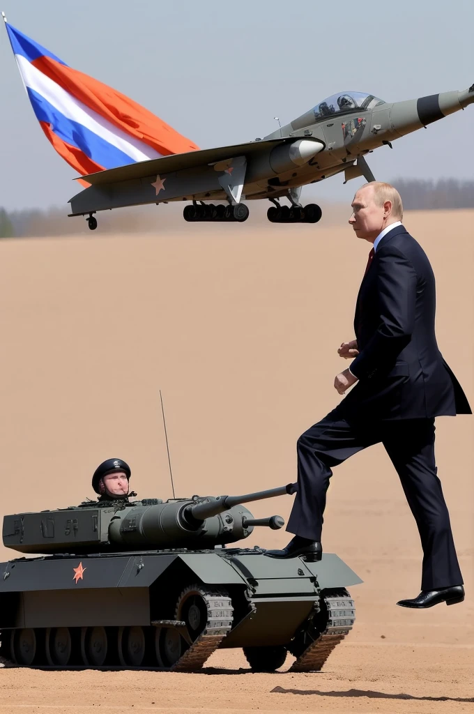 President of Russia, Putin, he is in front, wearing a presidential outfit, but he has an anti-tank missile