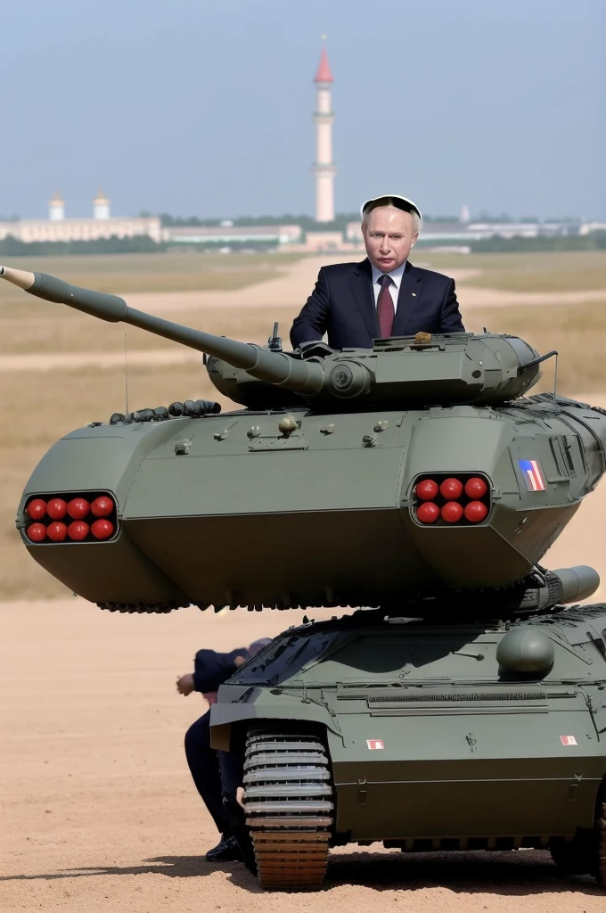 President of Russia, Putin, he is in front, wearing a presidential outfit, but he has an anti-tank missile