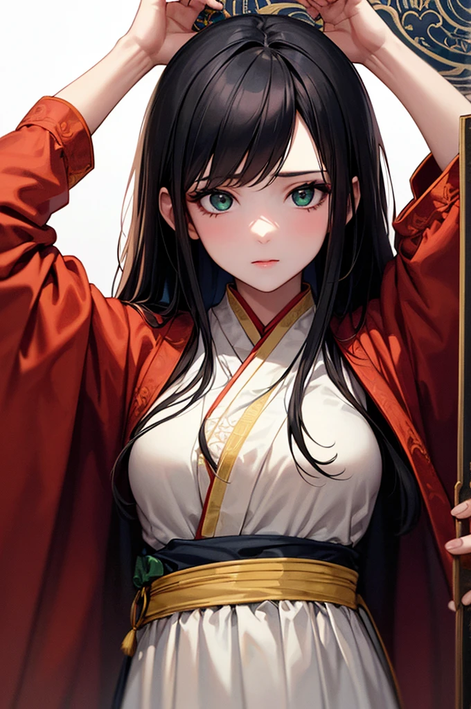 1 Girl, heroine, Black Hair, Floating Hair, Delicate eyes, Antique black and green damask patterned Hanfu, Fob, (F1.8), (masterpiece), (Portrait Shot), Front shot, White Background, (Movie Posters), arms