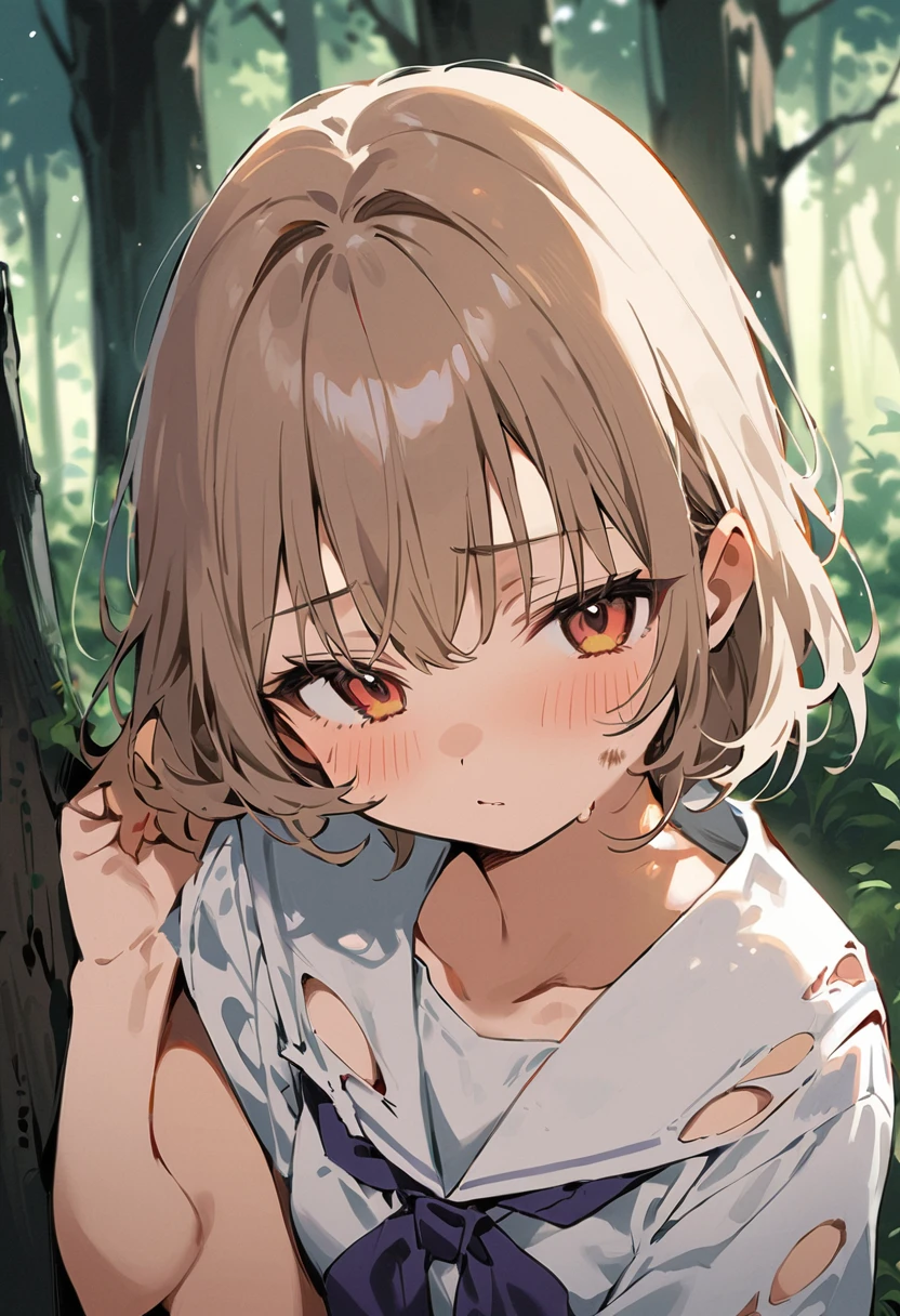 beautiful detailed girl,(masterpiece,best quality,extremely detailed:1.2),((cowboy shot:1.1)),(solo,10 years old,kawaii,slender,small breasts:1.25),(pained look:0.8),((white underwear) in ((Torn school uniform)):2),(dirty:2),blush,shy,weep,standing,(deep forest:1.5),(hug:0.4),rating: general, newest,Sexy face,(primitive:1.1)