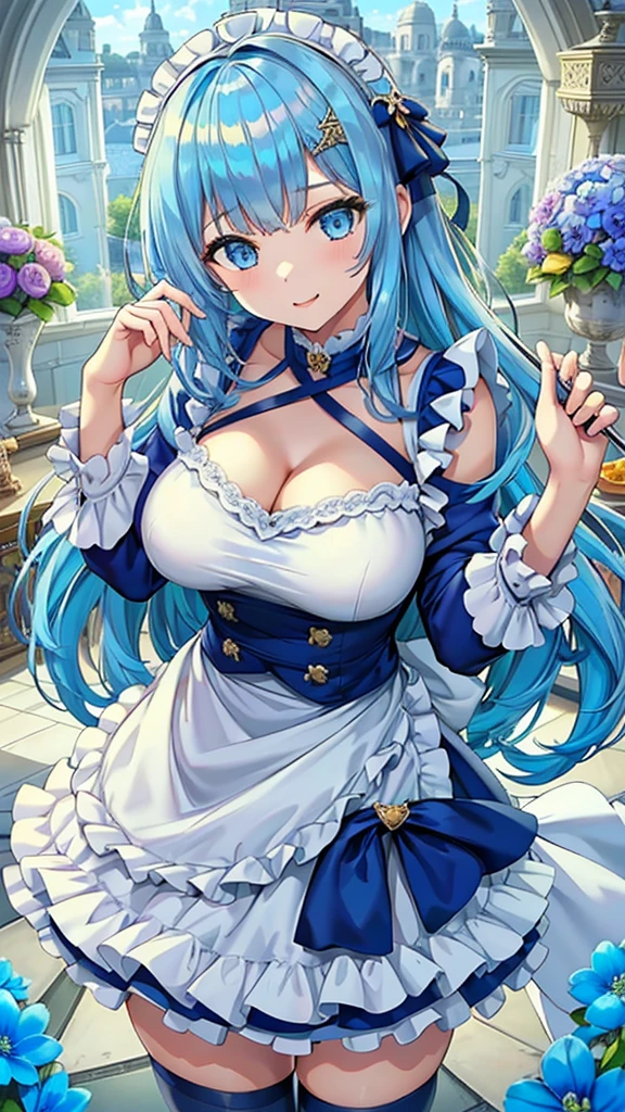 Masterpiece、Highest quality、Super detailed、1 girl、(Big Tits)、Fluffy and soft long hair、Blue Eyes、Cleavage、((Underboobを見せる))、smile、Too big soft breasts、Blue Hair、Underboob、Underboob、Underboob、My light blue dress、apron