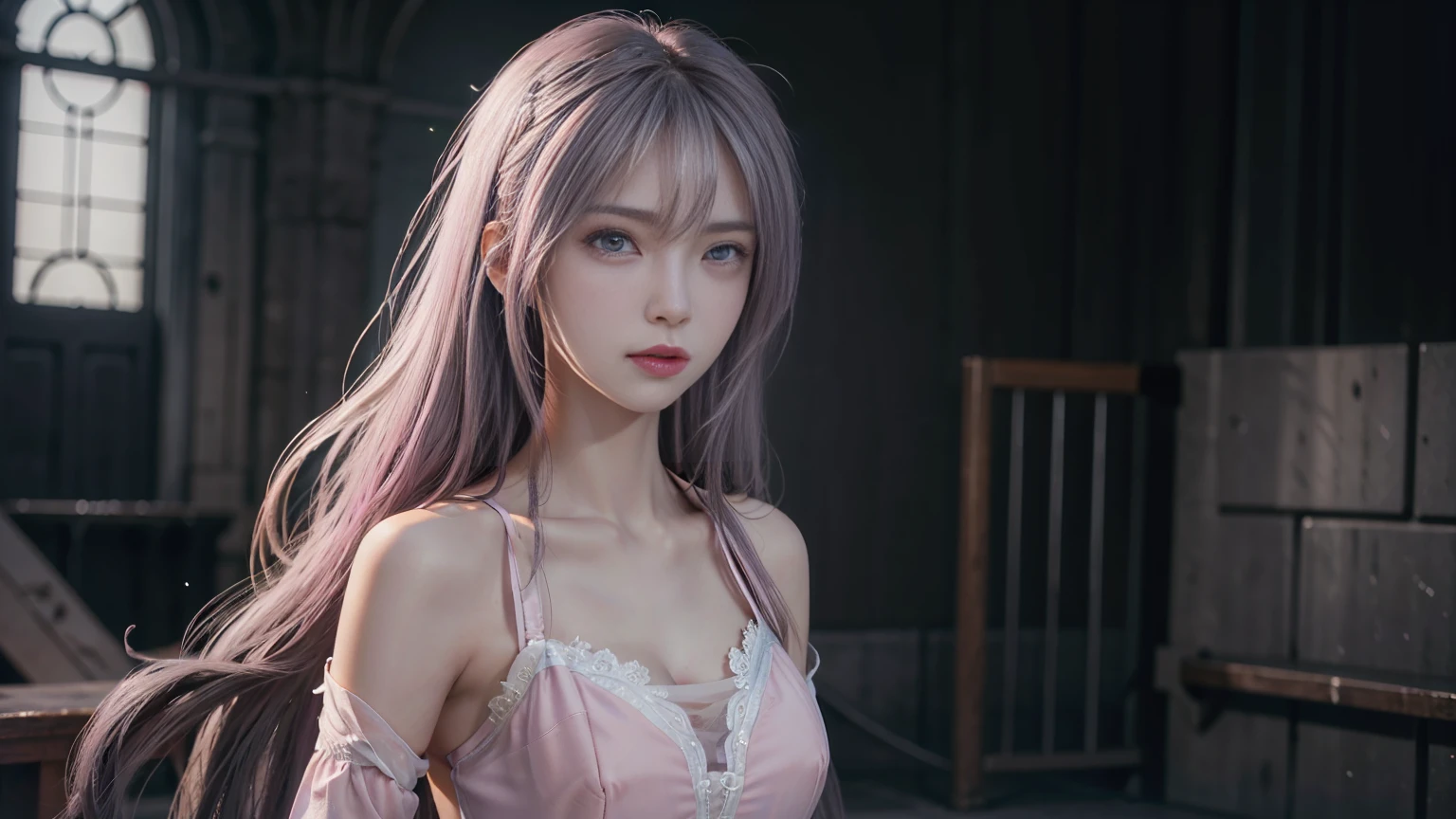 1 girl,《Beautiful eyes detailed description》《Beautiful and delicate face》《Wearing white》《Pink Eyes》《Cross Bangs》《Standing》《gray hair flying》》((((Pink Eyes)))),((((Pink Eyes)))),(((Beautiful fairy)))(《《Detailed description of the whole body》》),《《《Stunning Beauty》》》,Detailed description of the whole body,Detailed description of the whole body,Detailed description of the whole body,Detailed description of the whole body《《《《Explosion》》》》Wear black丝袜,Wear black,Wear black