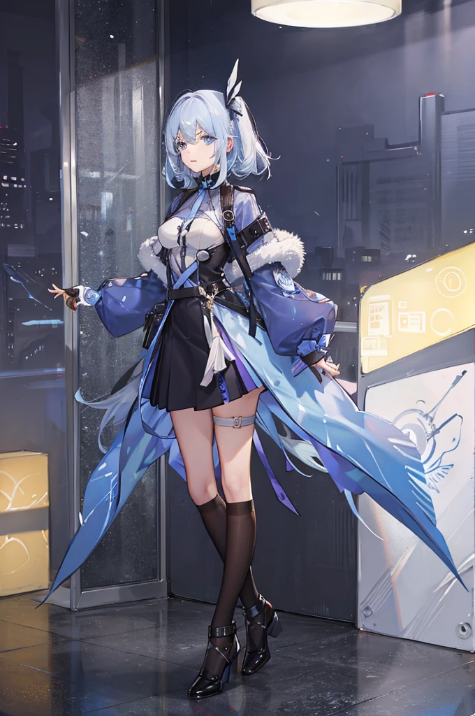 1girl, blue white hair, blue eyes, cute outfit, short curly hir