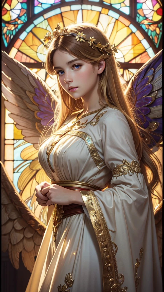 realistic,photorealistic,photo-realistic:1.37,best quality,4k,8k,highres,masterpiece:1.2,ultra-detailed,vibrant colors,stained glass,beautiful vintage angel woman,frontal face,front face,front view,gold hair,determined expression,(large open angel wings:1.1),Alphonse Mucha style,intricate floral background,warm tones,soft lighting,1girl