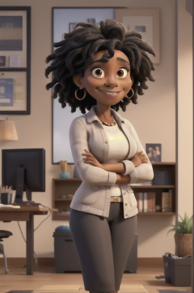 masterpiece, best quality ,Portrait of mid adult successful black mature woman looking at camera with arms crossed. Smiling african american business woman standing in new office .Portrait of mature woman Disney Pixar Cartón tupe B