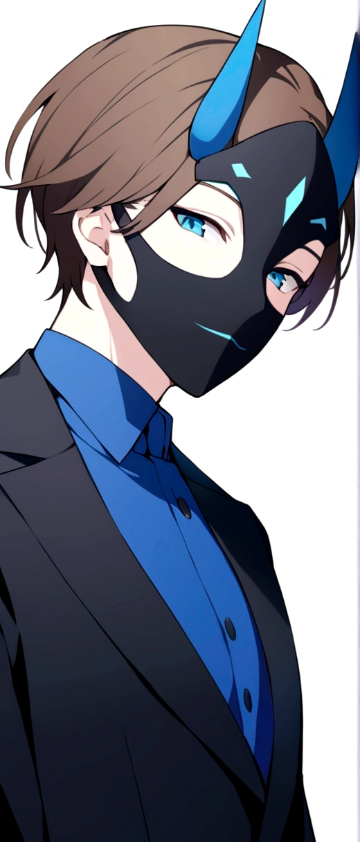 (man in half smile mask on the left side )(blue color)(blue eyes) brown hair)(blue horns)(Dressed in black)(Short haired)(alone)