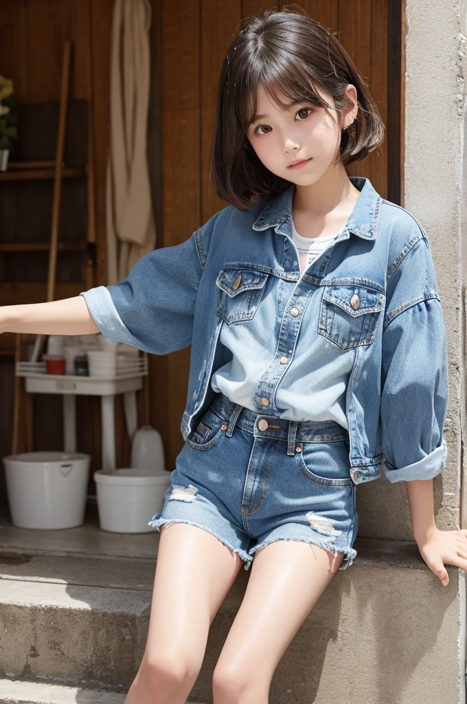 A beautiful girl wearing blue denim shorts, the style worn by boys in the Showa era