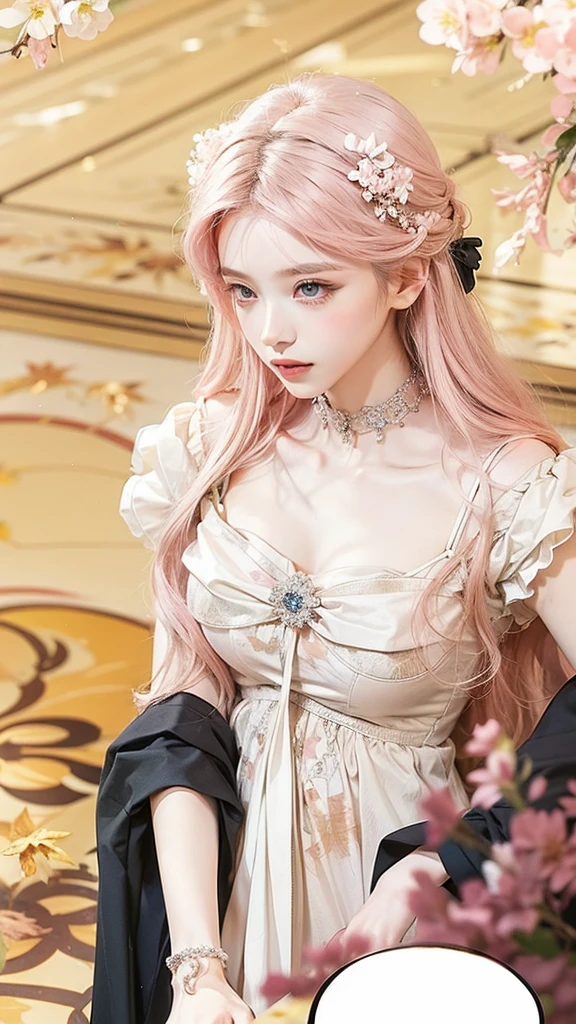 Light pink hair, pink eyes, pink and white, sakura leafs, vivid colors, white dress, paint splash, simple background, ray tracing, wavy hair