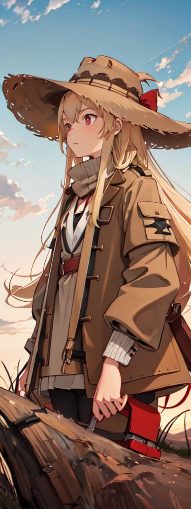 Vast landscape photography , (A view from below, with the sky above and the wide fields below), Traveling girl wearing a brown safari jacket, Blonde long hair, Brown hat, Red eyes, Looking up at the sky, Fantastic Star々, night, Vast land, beautiful, Highest quality, detailed