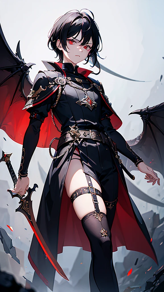 (((masterpiece))),(((best quality))),(((extremely detailed))),illustration,4k, boy 15-year-old male, black hair, bright scarlet eyes, hateful gaze, serious face, dark aura, sword embedded in the ground, black blade with red details, white background, looking at the viewer.