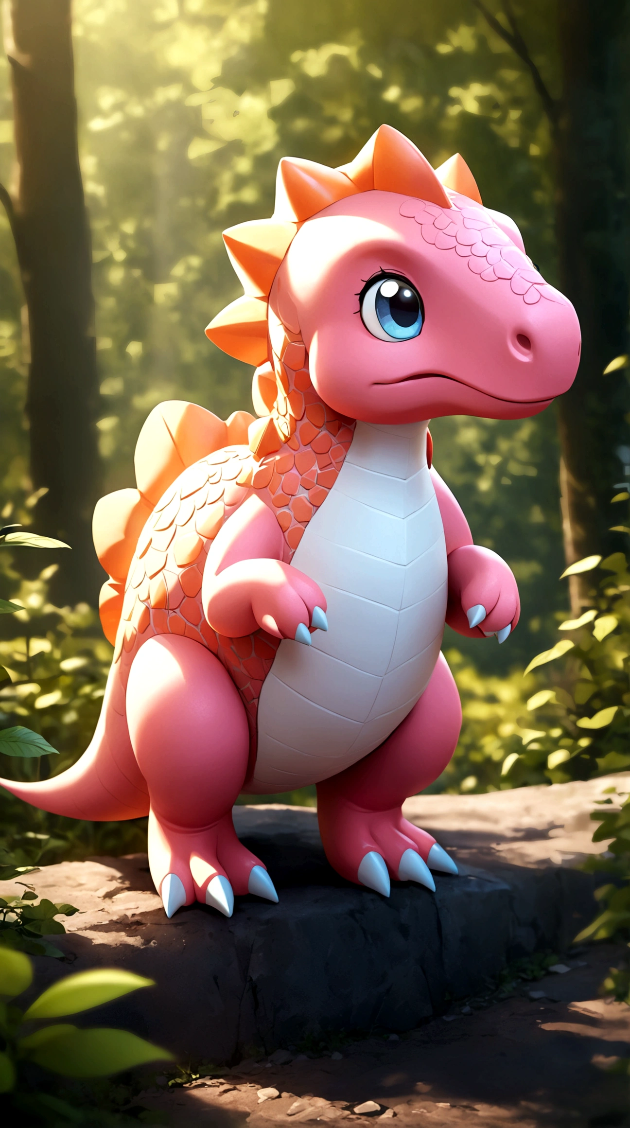solo, full body, outdoors, blurry, no humans,Pink dinosaur,