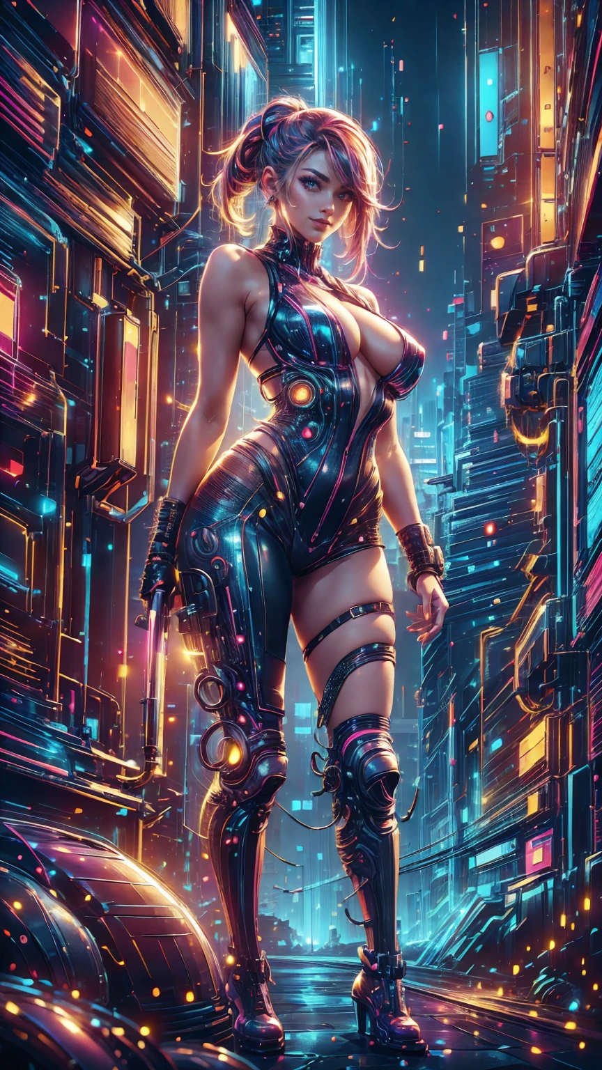 masterpiece, best quality, smiley face smile on face, huge breasts, hot body curves, buxom, super model, photo of slim girl, 2 4 year old female model, 1 8, beautiful woman body, beautiful sexy woman photo, Confident cyberpunk girl, full body shot, ((standing in front of motorcycle)), Harajuku-inspired pop outfit, bold colors and patterns, eye-catching accessories, trendy and innovative hairstyle, vibrant makeup, Cyberpunk dazzling cityscape, skyscrapers, neon signs, LED lights, bright and vivid color scheme, anime, illustration, detailed skin texture, detailed cloth texture, beautiful detailed face, intricate details, ultra detailed.