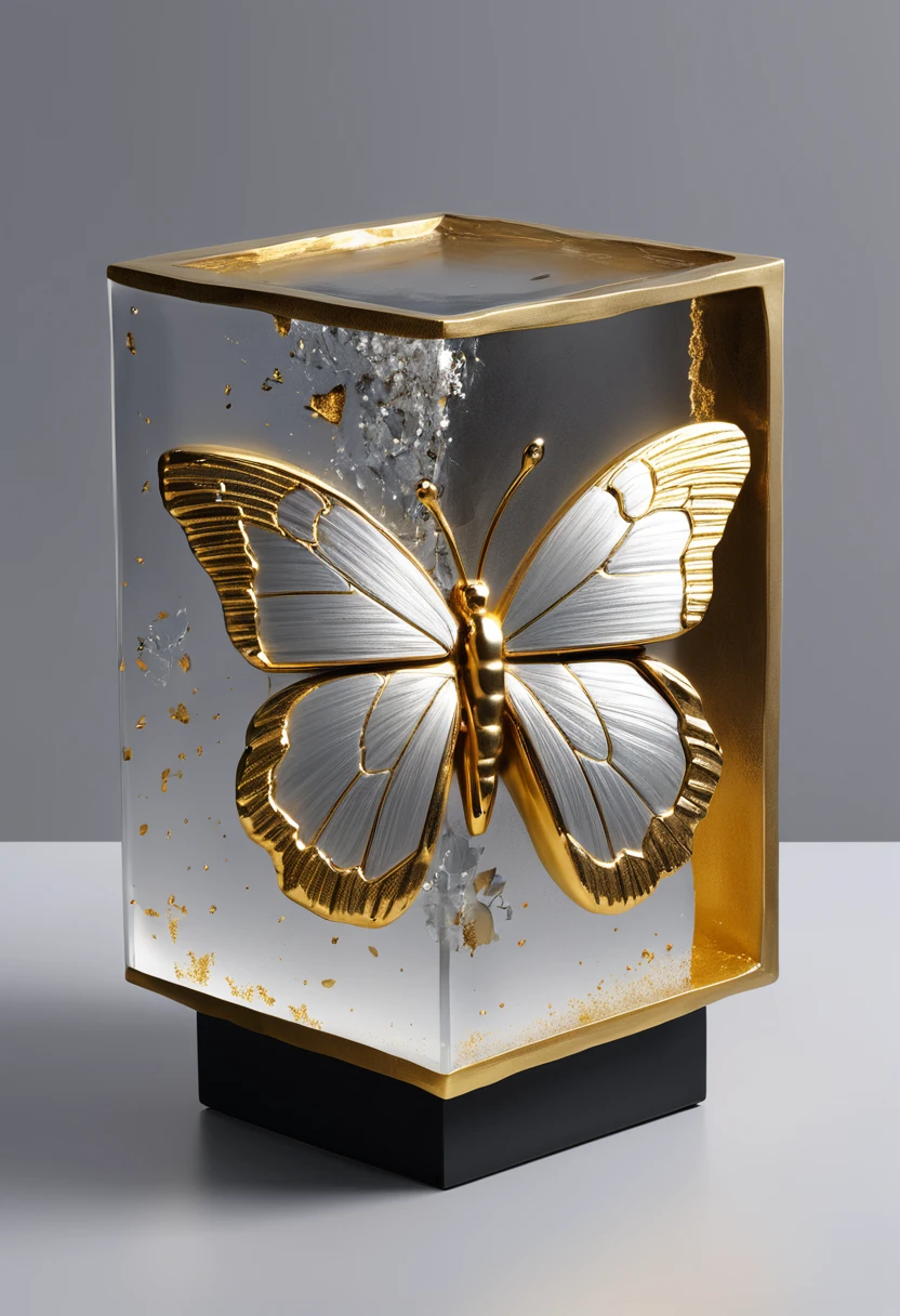 ((exhibit，Still Life Table，Artistic statues，3D Sculpture，ceramics，Surface cracks，Shattered Texture)), Butterfly，Stay in the cube，desktop，Show the beauty of nature.Kaneko，Gold Dust， This artwork is presented on a grey background，Emphasize its artistic quality