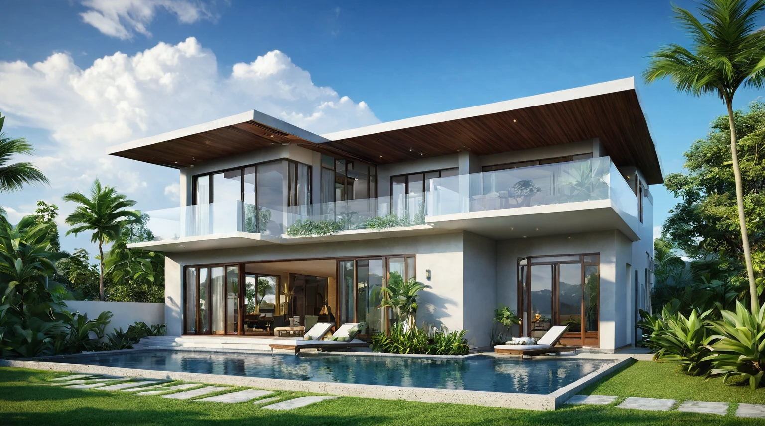 exterior of house, modern style, nice tropical landscape, morning, sky, few cloud, realistic, high quality, masterpiece