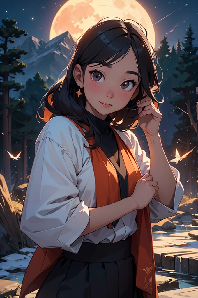 A beautiful young Asian woman and a hummingbird kiss her cheek. ((upper body selfie, be happy)), Masterpiece, best quality, very detailed, floor, outdoor, (nighttime), mountain, nature, (star, moon) cheerful, be happy, forest, rock, river, wood, smoke, shadow, contrast, clear sky, style, (Warm colors, Warm colors): 1.2), close up, Cinema-grade lighting, Side lighting, Ultra high resolution, shadowที่ดีที่สุด, raw, upper body, realistic style