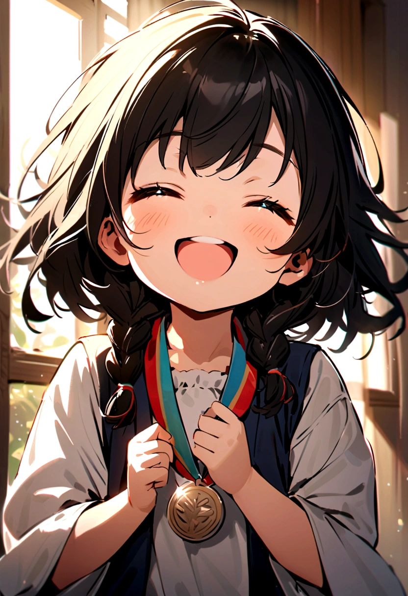 A cute five year old ,With braided black hair and bangs, wearing a primary with a first place medal around her neck smiling happily her eyes closed