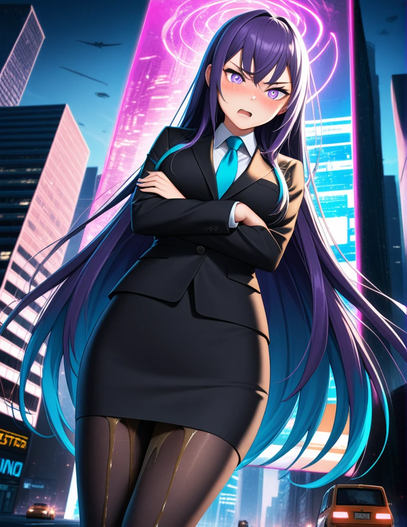 (masterpiece:1.37), best quality, (extremely detailed:1.37), woman, adult, mature, large breasts, (very long hair:1.5), dark purple hair, purple eyes, (extremely detailed eyes:1.37), business suit, necktie, long pencil skirt, pantyhose, (desperation:2.0), (wetting: self 3.0), standing, embarrassed, humiliation, blushing, angry, city, futuristic, neon lighting, high-tech