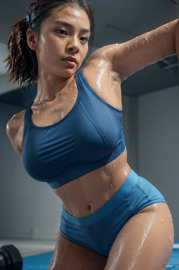 ((Sophie Tan:1.2)), a young and attractive Asian woman, lying on her stomach on a gym mat with her legs bent at the knees and her feet crossed, looking over her shoulder with a seductive expression. She is wearing a ((tight, wet-look blue sports bra and tiny gym shorts:1.2)) that cling to her toned buttocks. Her hair is slightly damp and spread out around her, and the gym setting is visible in the background. Full-body shot from a low angle using a ((macro lens:1.2)) to capture her pose and the gym environment. The image should be ((ultra-realistic:1.3)), in ((8K resolution:1.1)), with ((high detail:1.2)) and a ((cinematic effect:1.1)).
