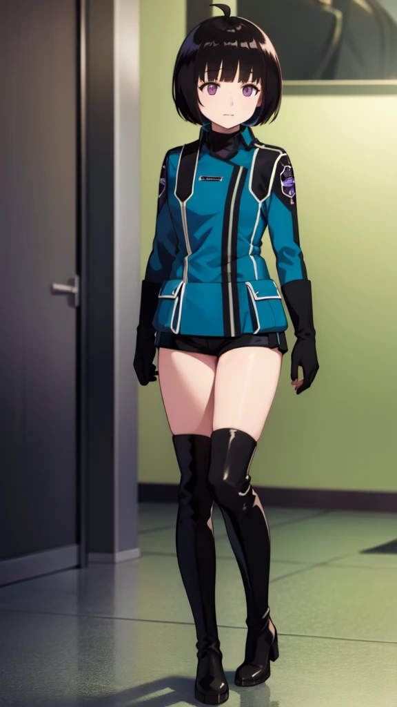 One Girl, alone, amateur_chika, short hair, Black Hair, Blunt bangs, Bobcut, Ahoge, Purple eyes, Long sleeve, Blue jacket, uniform, Black Shirt, turtleneck, Symbolism, Short black shorts, Black boots, carry a long rifle, Cowboy Shot、Thighs、Black thigh-high boots、（（（Black high heels）））whole body, face, high quality, masterpiece, 超High resolution, high quality, Attention to detail, 最high quality, High resolution