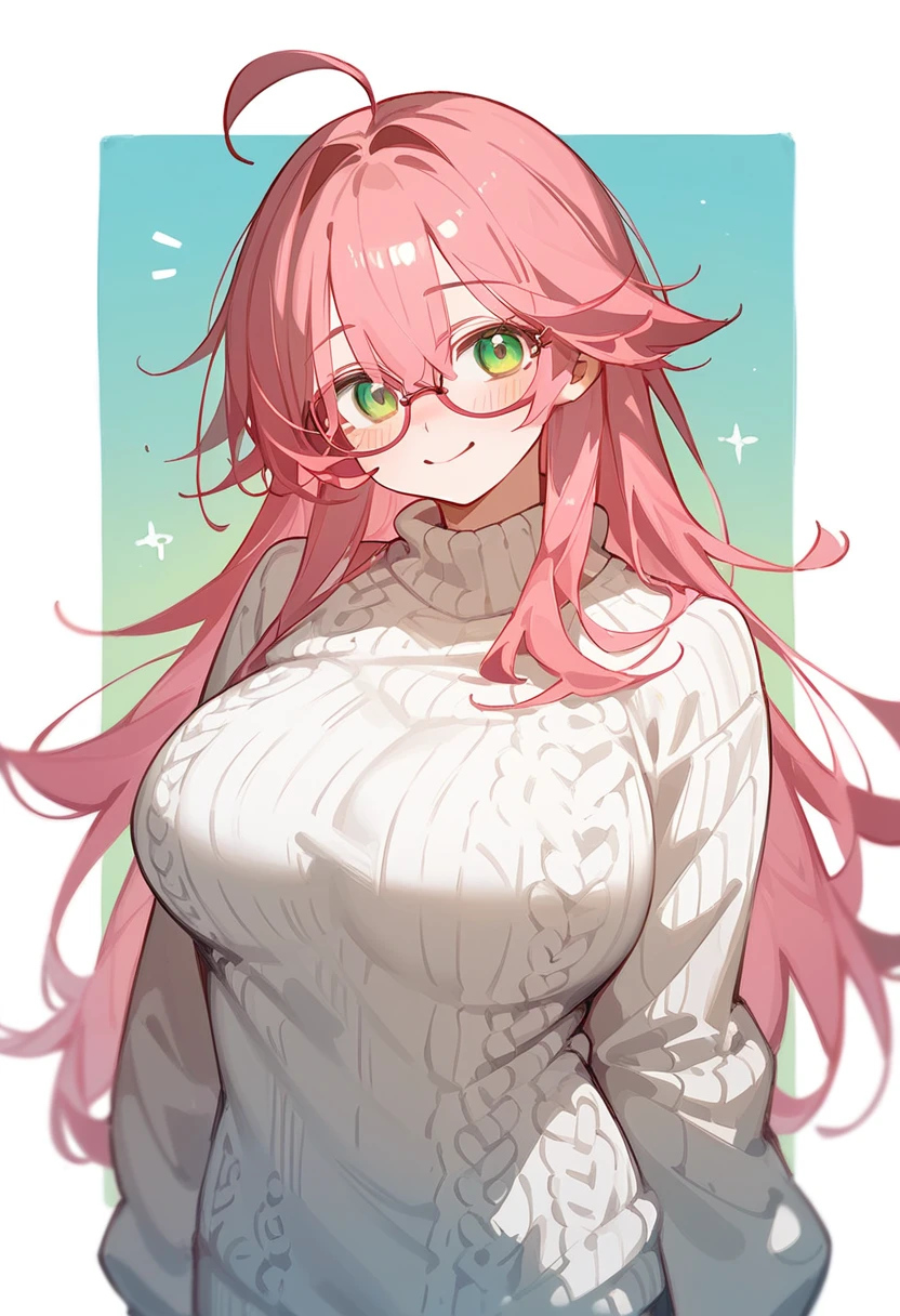 One Woman、Big Breasts、Pink Hair、Long Hair、Straight Hair、Ahoge、Kind older sister、Pink small glasses、Green Eyes、smile、Droopy eyes、The scene is from my bedroom at home.、Knitted sweater