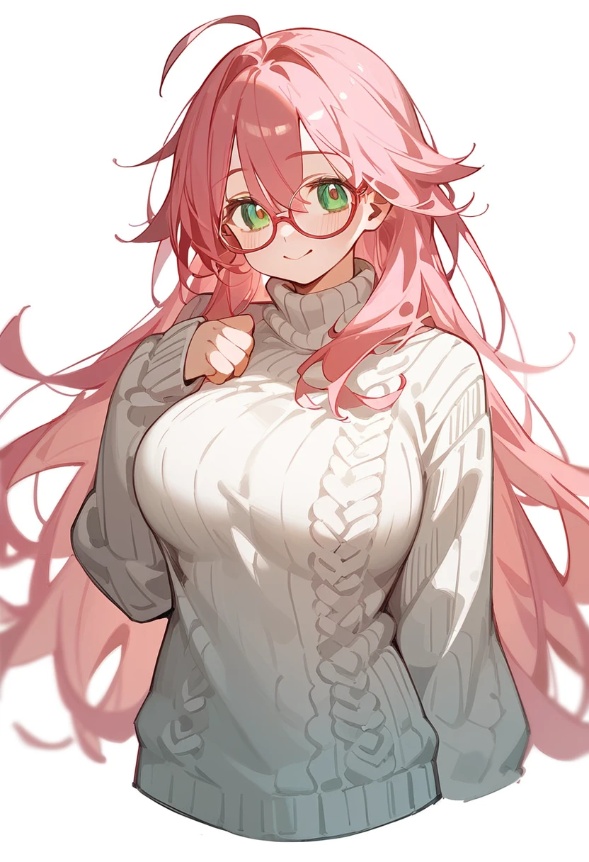 One Woman、Big Breasts、Pink Hair、Long Hair、Straight Hair、Ahoge、Kind older sister、Pink small glasses、Green Eyes、smile、Droopy eyes、The scene is from my bedroom at home.、Knitted sweater