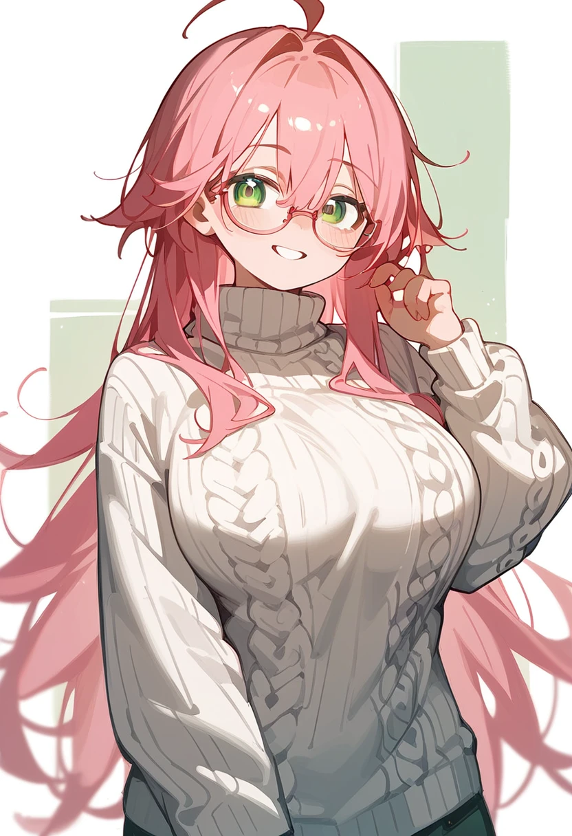 One Woman、、Pink Hair、Long Hair、Straight Hair、Ahoge、Kind older sister、Pink small glasses、Green Eyes、smile、Droopy eyes、The scene is from my bedroom at home.、Knitted sweater