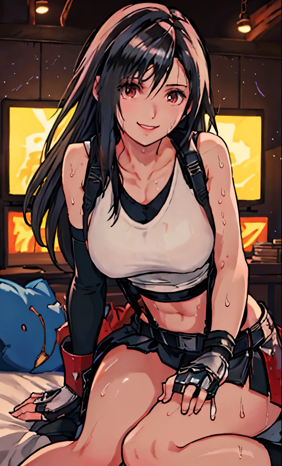 (Top Quality, Masterpiece: 1.1), (Realistic: 1.3), BREAK (((FF7,Tifa_lockhart))),(tifa_lockhart and monsters),sitting sofa, hand between legs,(A dark, barely lit torture chamber:1.3,wet:1.2,night:1.1,handcuffs:1.3,restraint:1.2,chain),(face focus:1.1), BREAK (((FF7,Tifa_lockhart))),(Light Brown Hair, Large breasts: 1.2),(Tifa_lockhart uniform:1.3, suspenders, low rise, mini skirt, tank top, torn uniform:1.3, torn tank top:1.3), abrasion:1.5, BREAK (((FF7,Tifa_lockhart))), (shiny oiled skin: 1.1), ((stringy viscous liquid)), ((smile)), about 18 years old,sensual, looking me:1.2, (sweat on body:1.3)
