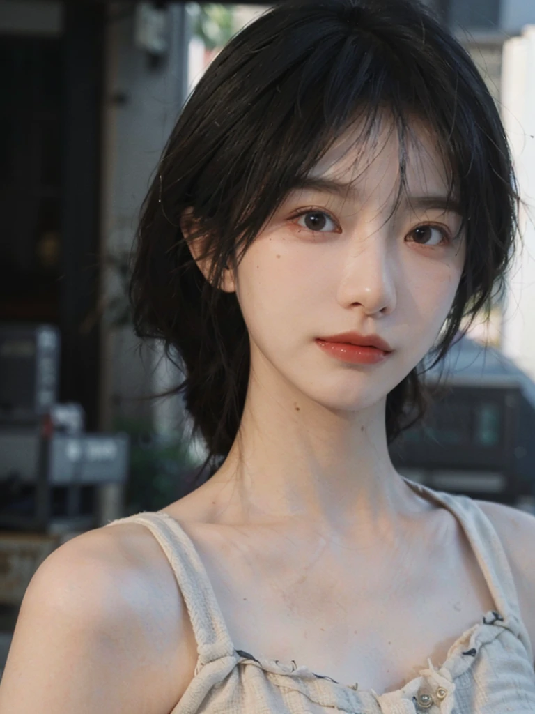 (Skin details:1.4), (smooth skin textures:1.3), Lipstick, background,海滩background， Direct vision, earrings, serene, calm, (Realistic and detailed eyes：1.2）, Natural skin texture, Realistic facial details, Soft dramatic lighting, Vivid details, 35 mm film, outdoor, (Photo Practical:1.4), (hyper Practical:1.4), (Practical:1.3), (Smoother lighting:1.05), (Improve lighting quality:0.9), (Highest quality real skin textures:1.4), Exquisite eyes, Delicate face, Close-up of face, (Enhance the beauty of skin texture:1.1), Hair details, Vest，normal body ratio, short hair, Moles under the eyes, thinking, A faint smile,公园background，Portrait Photography, Depth of Field, Bokeh, Surrealism, Ray Tracing, (Portrait Photography:1.1), Surrealism, High Detail, Chiaroscuro, Ray Tracing, reflected light, Ultra HD, Ultra HD, masterpiece, Textured Skin, Super Detail, High Detail, high quality, best quality