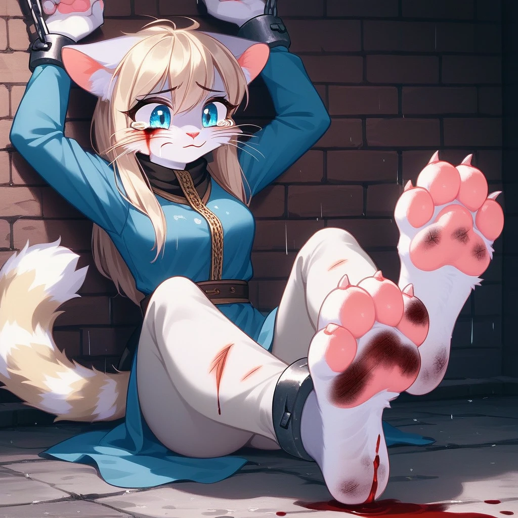 (hi res), ((masterpiece)) , ((best quality)),Solo, score_9,score_8_up,score_7_up, source_furry, Kat, Anthro furry feline girl, tall body, hourglass figure, adult female, blue eyes, silver fur, blonde hair with pony tail, (striped tail), white whiskers, pink nose, wearing simple blue long sleeve tunic, light brown fitted pants, barefoot, (feet paws), (4 toes), pink paw pads, foot focus, Her face was covered with tears,Have tears in her eyes,looking at viewers, looking uncomfortable, eyes half closed, outdoors, rainy day, spread feet apart, cute dainty feet,(The two feet paws are connected with chains between them),(there are many chains),The chains fastened her hands and feet paws ,(feet chains focus),She's chained to a wall., she is chained on neck and feet,(very dirty feet),((bloody scars are only on her feet)),((no blood on her face )),(Fetters were placed on her feet),(Fetters and feet focused),(show the fetters),Hands chained to the wall,feet chained to the wall,She looks happy,She waved hands at viewers,There are chains on the tail