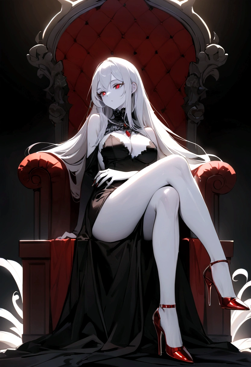 (master piece), (best quality), a vampire, vampire woman, with platinum hair, long hair, heavy and platinum hair, very white skin, skin as white as snow, red eyes, ruby ​​eyes.  [(pose: sitting on a throne, legs crossed, hands crossed on the knees,.(sitting sideways),(looking forward), silk throne, (white silk, red silk)]. [(Clothes: ( black dress), (large neckline), irregular edges, gothic and sexy style, marked breasts, long cut dress, (exposed legs), high heels,.stiletto heels.)], [(lighting: volumetric lighting), back light, soft light.- 4k