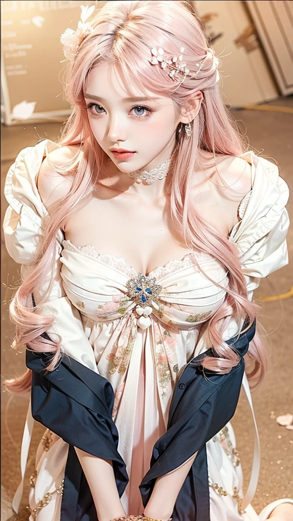 Light pink hair, pink eyes, pink and white, sakura leafs, vivid colors, white dress, paint splash, simple background, ray tracing, wavy hair