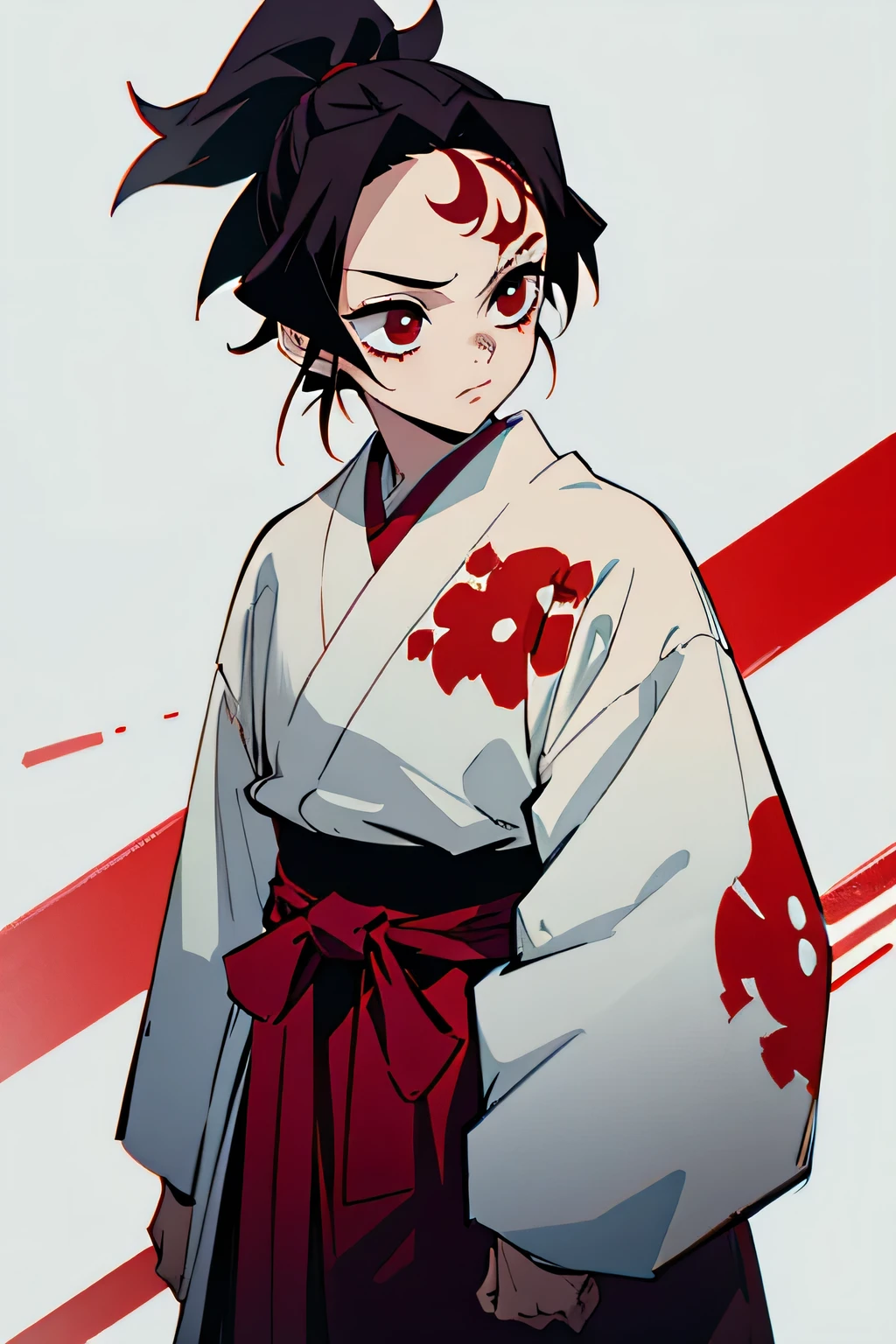 Imagine a demon slayer with bright red hakama, reddish samurai ponytail and a slayer mark on forehead